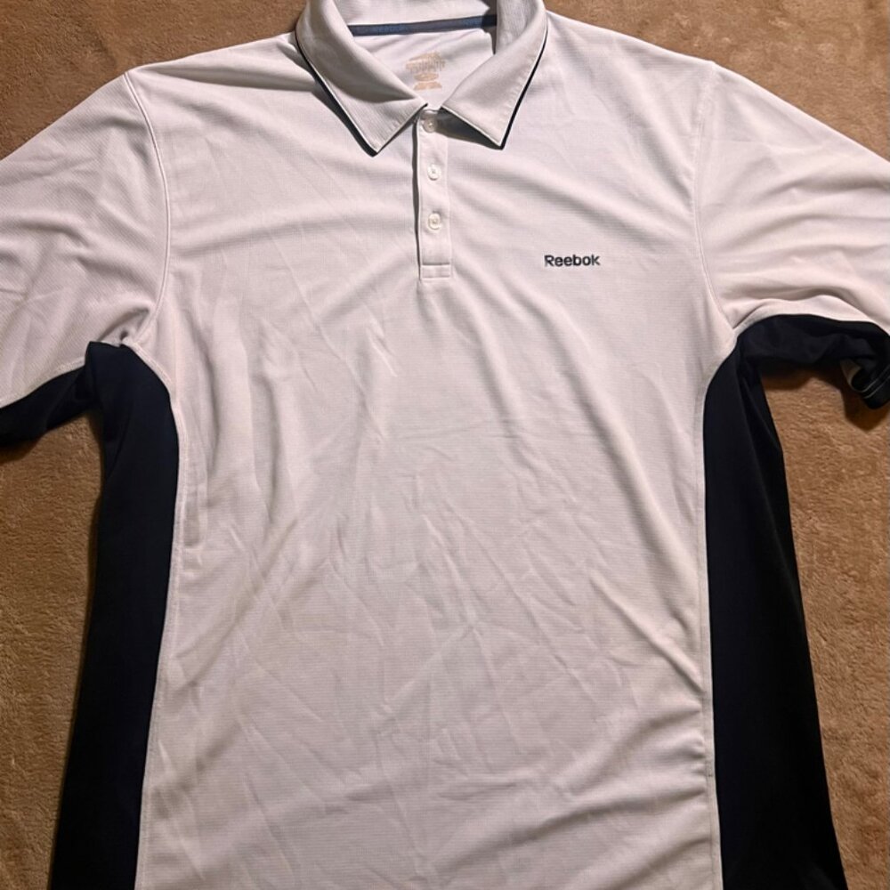 Reebok Men Large Play Dry White Black Golf Short Sleeve‎ 3 Button Polo Shirt (W)